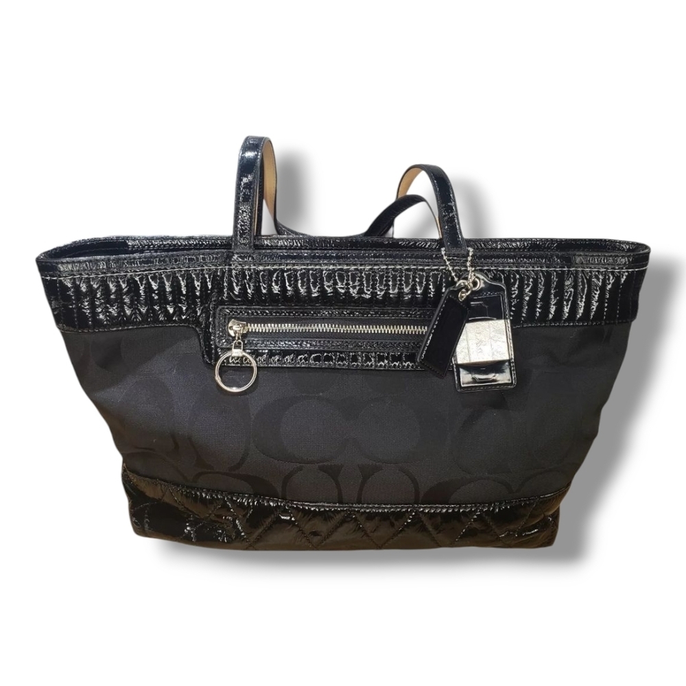 Coach 18676 Quilted Poppy Black on Black Jacquard Silver Hardware Tote Bag - Picture 7 of 17